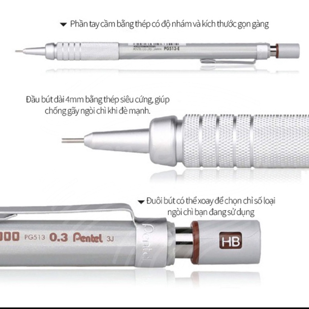 Bút chì kim cơ khí Pentel GRAPHGEAR 500 size ngòi 0.3/ 0.5/ 0.7/ 0.9mm- Chính Hãng