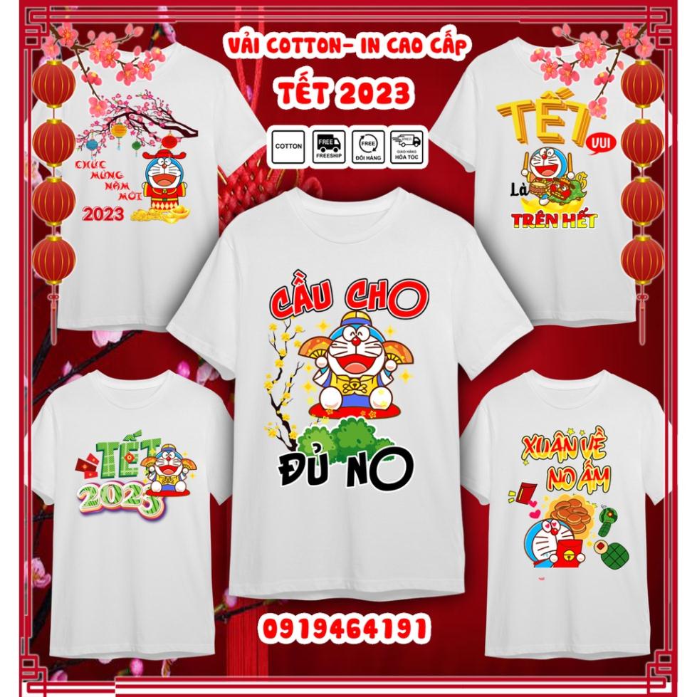 Áo thun doraemon tết quý mão 2023, áo thun tết con mèo doraemon, vải dày mịn mát, in cao cấp - Có size trẻ em