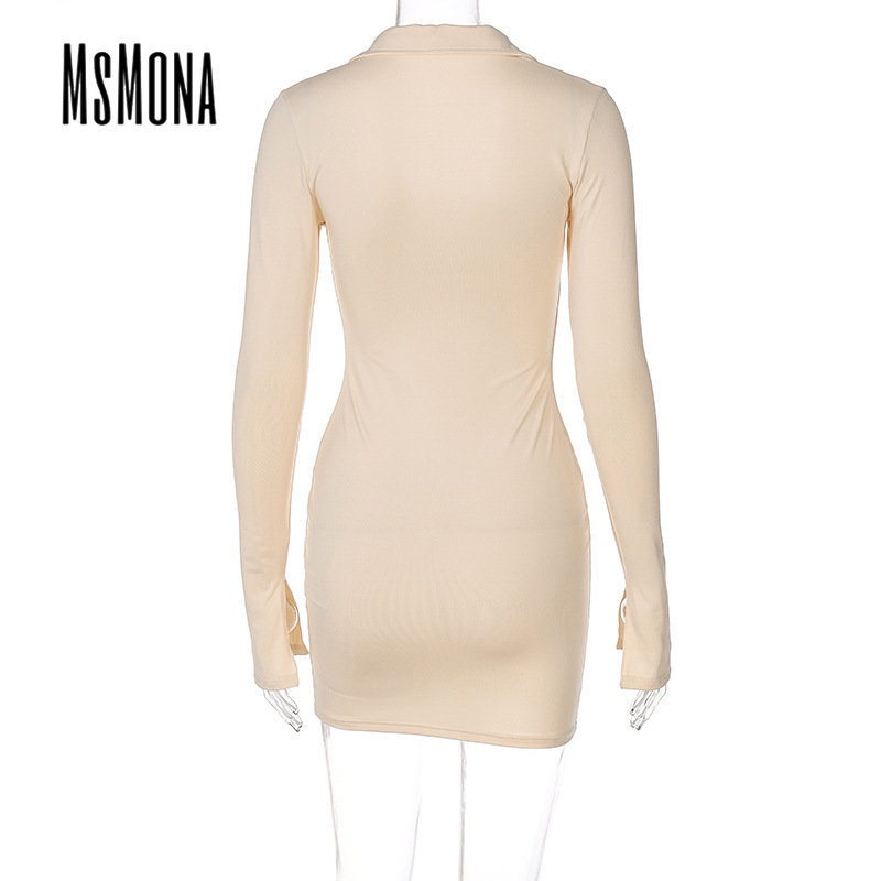 MsMona Đầm Mini Tay Dài Cổ Chữ V Màu Trắng Trơn Thời Trang 2022 Quyến Rũ Cho Nữ