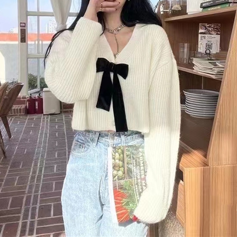 Áo Cardigan Dệt Kim Tay Dài Cổ Chữ V Thắt Nơ Eo Xinh Xắn