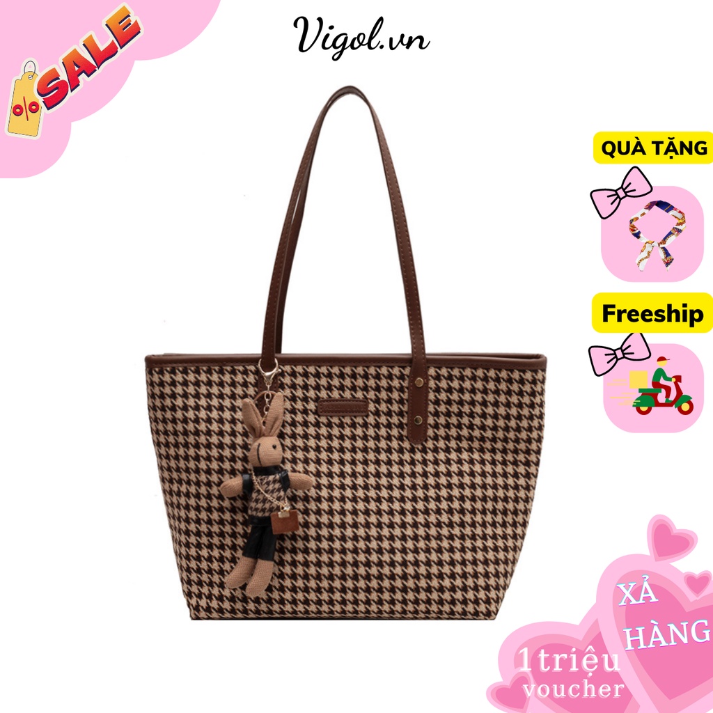 Túi Xách Nữ to kẻ dạ công sở mang đi làm, đi học, đi dạy thoải mái tặng kèm gấu