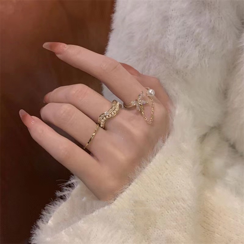 Bộ Nhẫn Hình Bướm Đính Ngọc Trai Thiết Kế Tinh Tế Thời Trang Cho Nữ