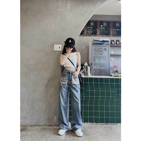 Quần jeans suông túi rách kiểu cạp cao phom dài dáng basic