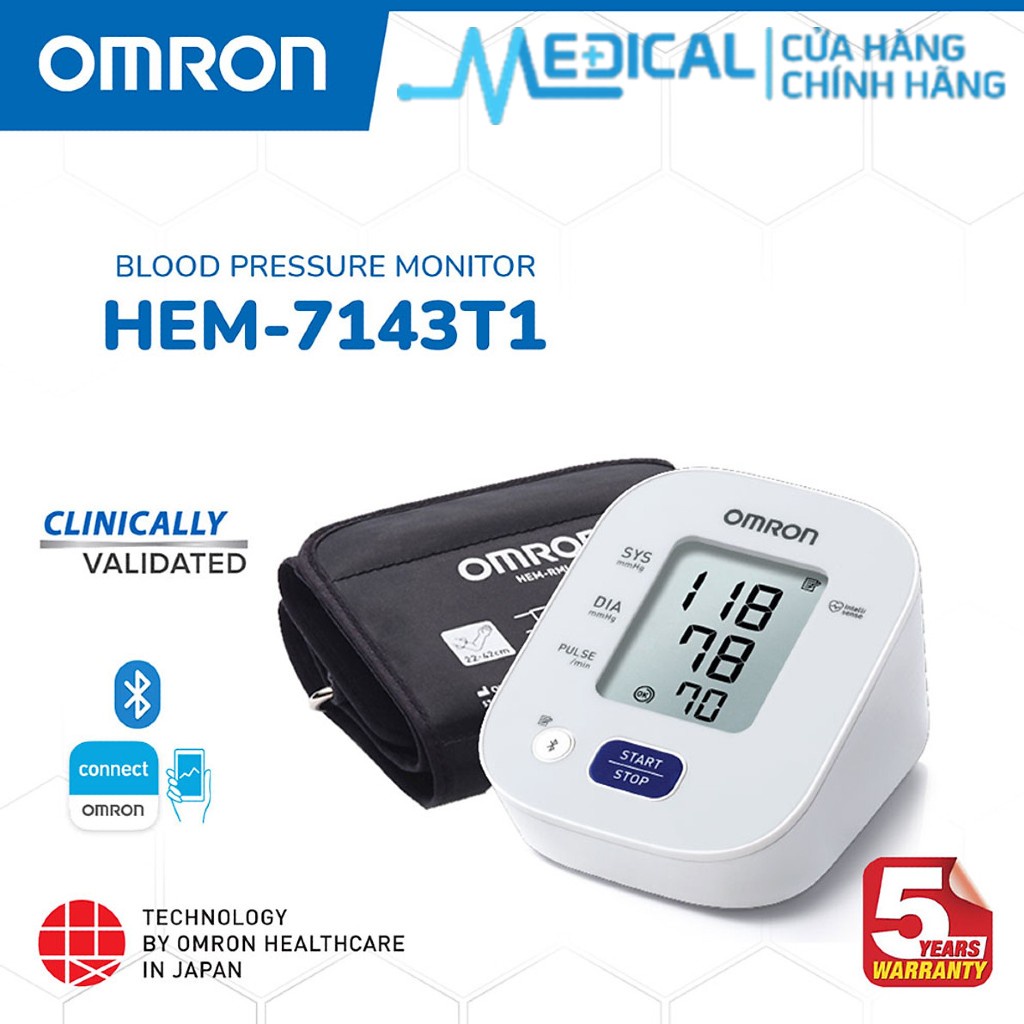 Máy huyết áp bắp tay tự động OMRON HEM-7143T1 "kết nối Bluetooth" bộ nhớ lưu 30 lần đo - MEDICAL