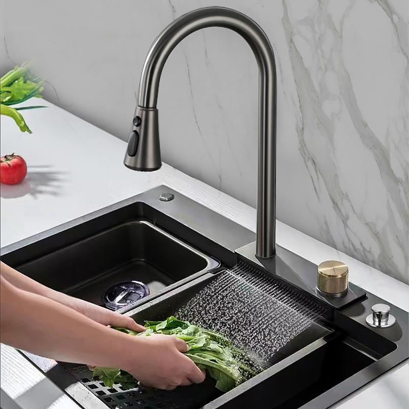 Bồn rửa chén, chậu rửa bát Inox SUS 304 phủ Nano đen Korea 1 ngăn lớn liền vòi thác ngang, vòi rút g