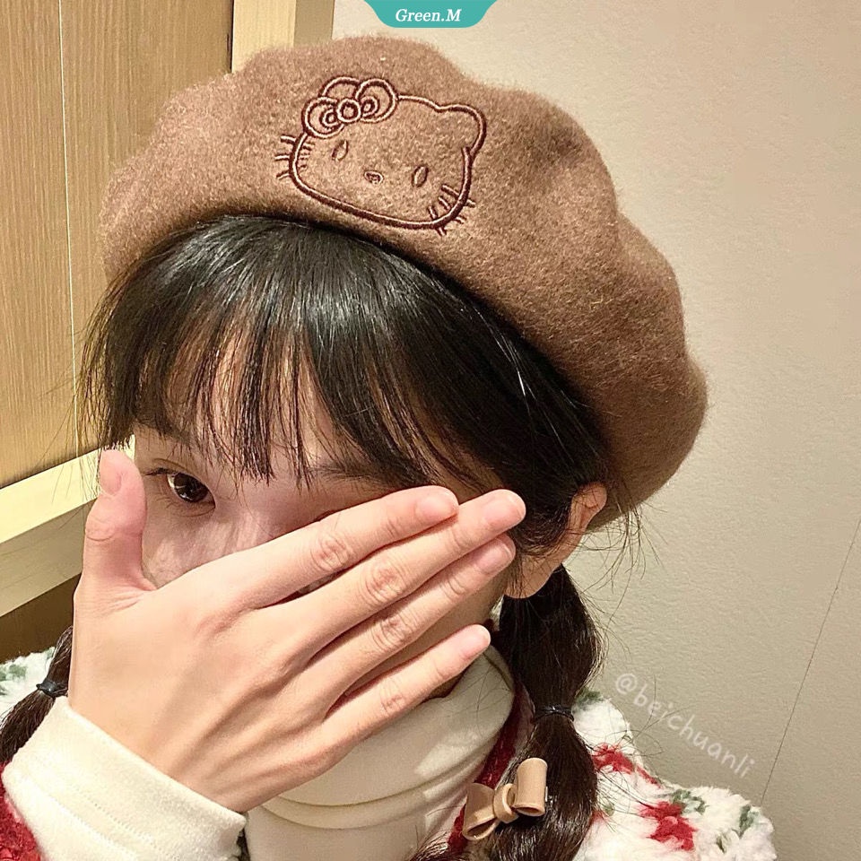 SANRIO Mũ Beret Dệt Kim Phối Lông Hình Hello Kitty Đáng Yêu Thời Trang Thu Đông Cho Nữ