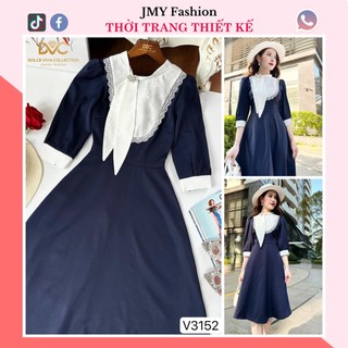 V3152 Váy xanh than tay lỡ [kèm ánh sàn+video SP] váy xoè cổ nơ nữ tính - DVC&ACC