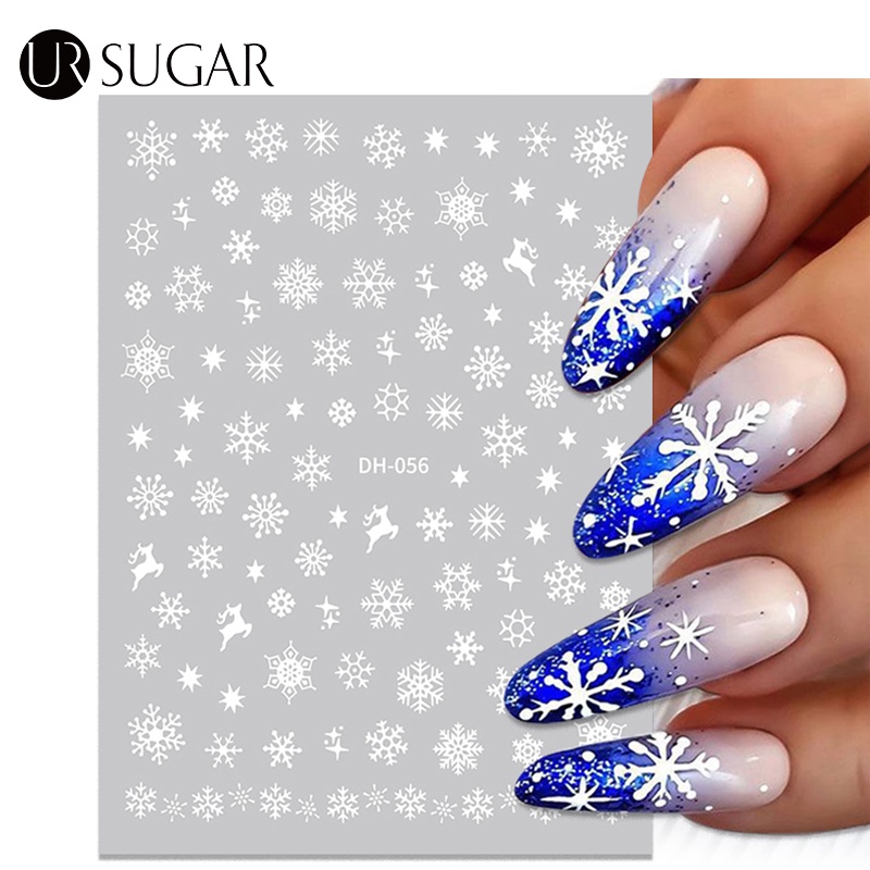 Nhãn dán móng tay UR SUGAR hình hoa tuyết Giáng sinh màu trắng xanh dương xinh xắn