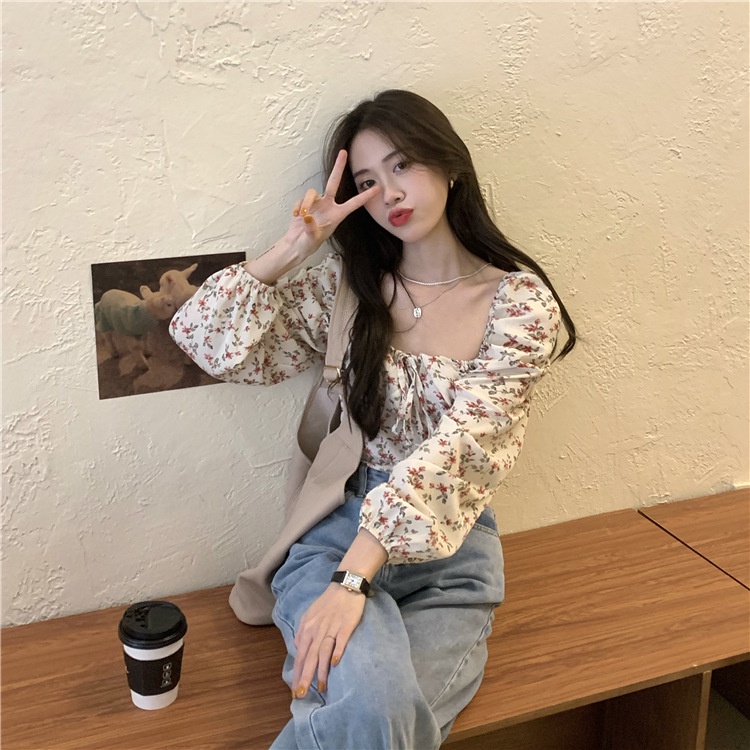 IELGY Áo Kiểu Tay Dài Cổ Vuông In Họa Tiết Hoa Nhí Xinh Xắn Thời Trang Kiểu Pháp Cho Nữ