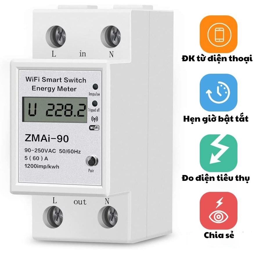 Công Tơ Điện Tử Thông Minh Wifi Tuya 60A Zmai-90,Xem Điện Năng Từ Xa Qua App SmartLife,Hiển Thị Đồng Hồ Đo Điện Tiêu Thụ