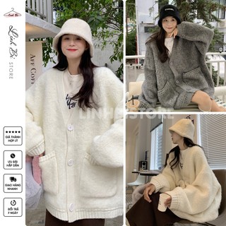Áo Khoác Lông Cardigan nam nữ, Áo khoác Cardigan lông hottren 2 màu xám , trắng dáng dài có túi