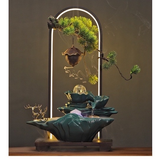Đồ trang trí đôi hươu vàng, thác nước ngọc tạo dòng chảy may mắn - Lư hương đài sen, quả cầu phong thủy