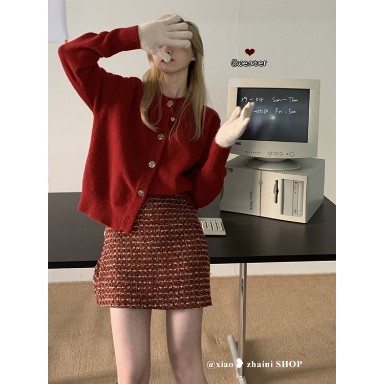 Áo cardigan trơn cổ tròn màu đỏ Noel hàng Quảng Châu