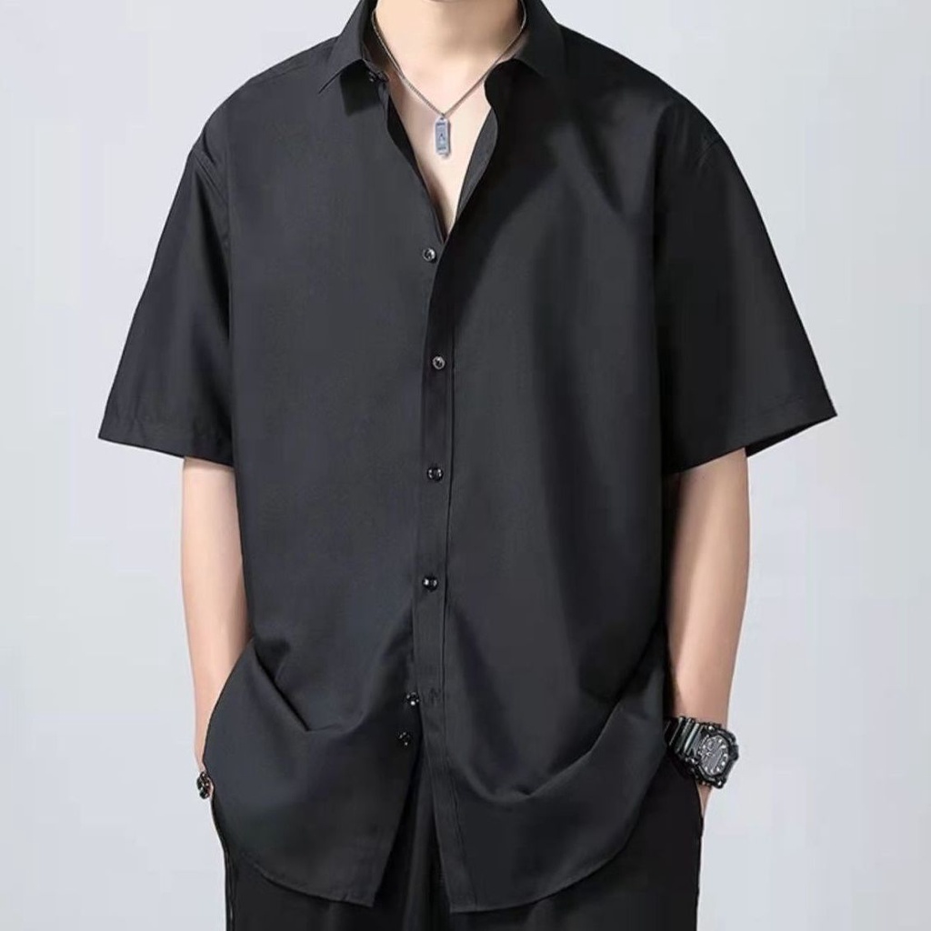 áo khoác bomber nam nỉ áo khoác dù gió Áo Sơ Mi Lụa Lạnh Mỏng Tay Ngắn Dáng Rộng Màu Đen Thời Trang Mùa Hè Cho Nam