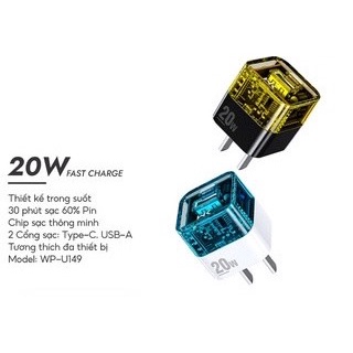 Củ sạc trong suốt Wekome WK WP-U149 cốc sạc nhanh PD  20w Pioneer A + C chân cắm USB và Type-C