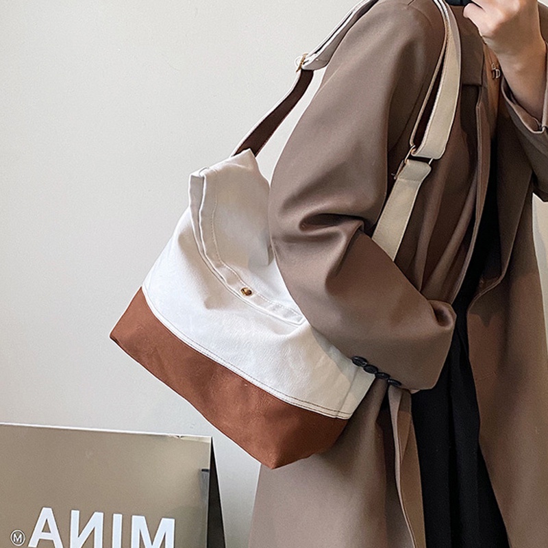 Túi Đeo Vai Bằng Vải canvas Màu Khối Sức Chứa Lớn Phong Cách Hong Kong Dành Cho Nữ