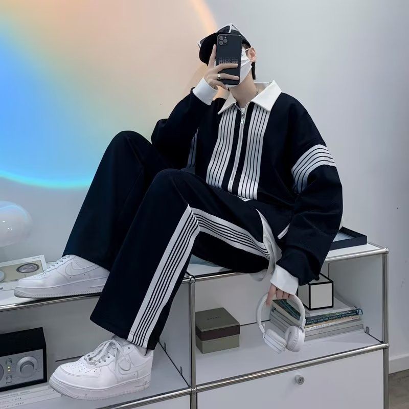 Bộ Đồ Thể Thao Hai Mảnh Áo Khoác Cardigan Phối Quần Ống Rộng Họa Tiết Kẻ Sọc Màu Sắc Phong Cách Hàn Quốc Thời Trang Xuân Thu Cho Nam Và Nữ