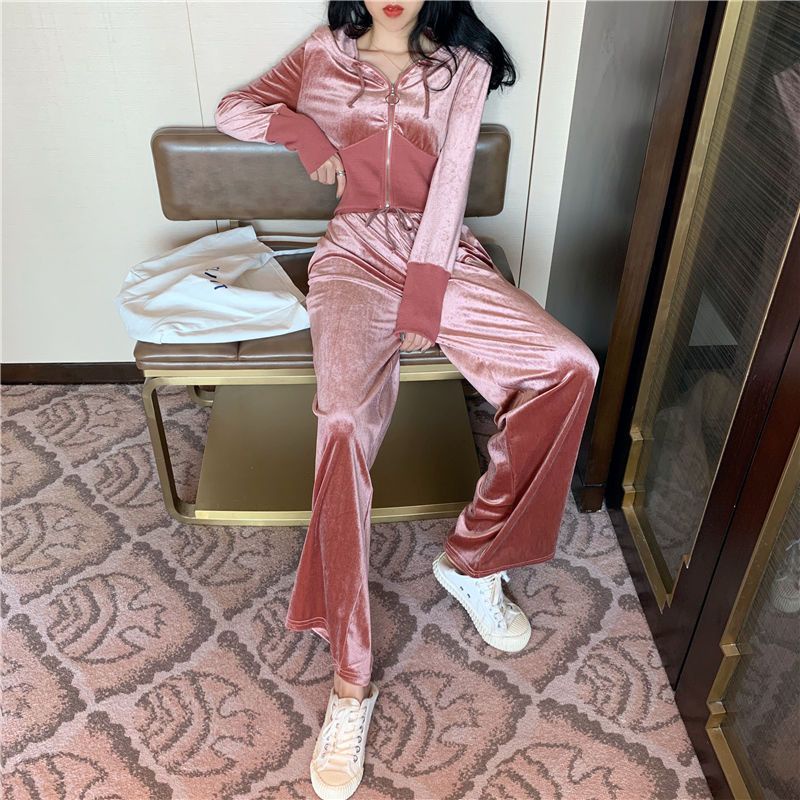 Set Áo Khoác Có Nón + Quần Dài Ống Rộng Thời Trang Nữ