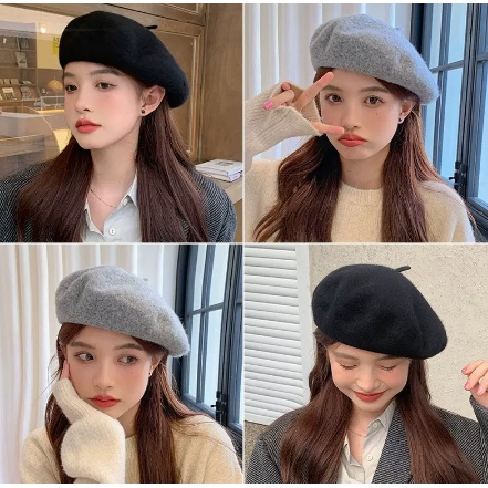 Mũ beret vải len màu trơn thời trang mùa đông dành cho nữ