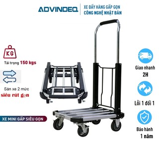 Xe đẩy hàng 4 bánh siêu rút gọn điều chỉnh sàn Advindeq HT-150A (tải trọng 150kg, sàn xe rút siêu gọn,bánh có chốt hãm)
