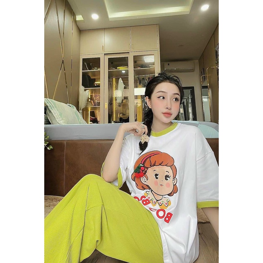 (Sale FreeShip) Sét bộ nữ ống rộng,áo thun tay ngắn from rộng in hình dễ thương kèm quần có túi,chất đẹp chuẩn shop