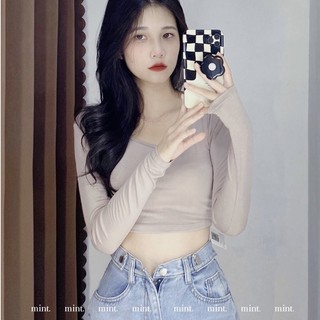 Áo thun lụa croptop nữ tay dài cổ vuông ôm dáng