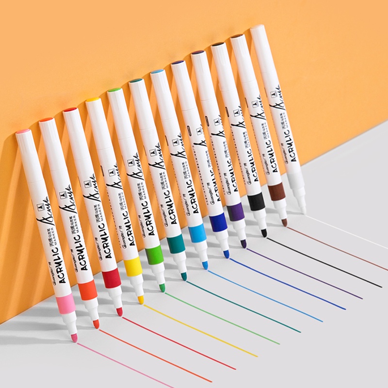 Bút Acrylic Marker 2 Đầu Cao Cấp Guangbo - 12 Màu Đậm, Đều - Tô Màu Đi Nét DIY Vẽ Giày Quần Áo - GUBH02248