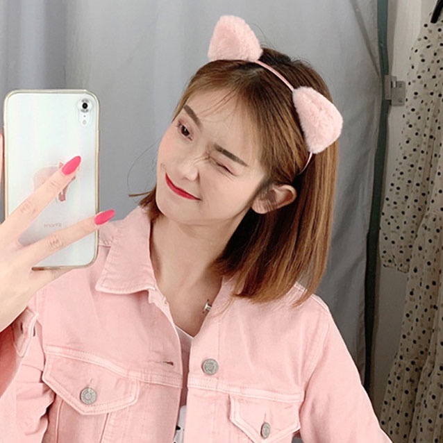 Băng Đô Cài Tóc Hình Tai Mèo Bằng Lông Nhung Dễ Thương Xinh Xắn
