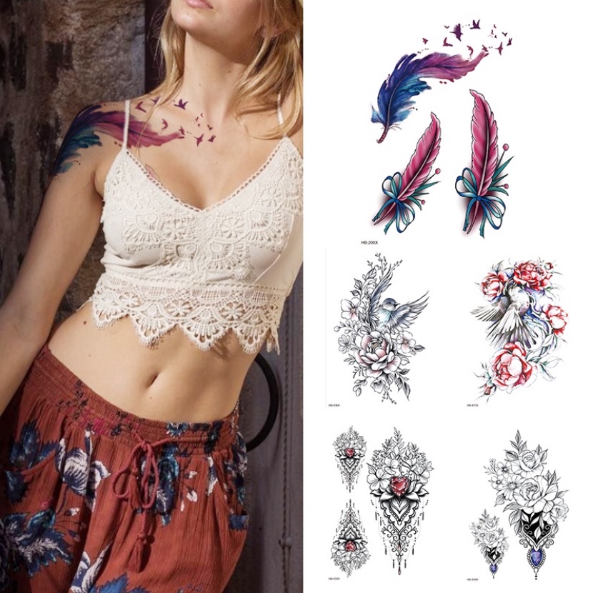 Hình Xăm Dán Tạm Thời Họa Tiết Lông Vũ Chim Màu Nước Tatoo Cổ Điển Thương Hiệu Mới Dành Cho Bạn Nữ