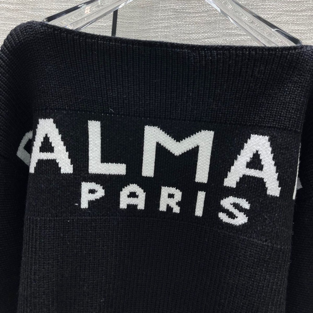 Balmain French hot girl temperament slimming sexy all-match 2022 autumn new one-character shoulder letter jacquard pullover sweater