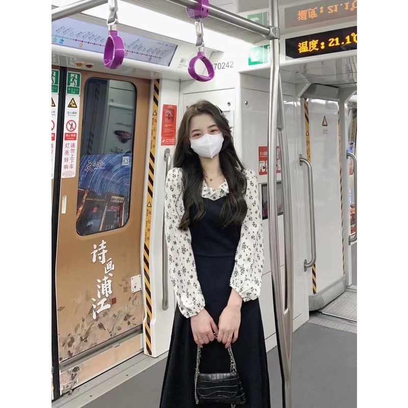 Đầm Dài Giả Hai Mảnh Tay Dài In Họa Tiết Hoa Phong Cách Pháp Thời Trang Mùa Thu 2022