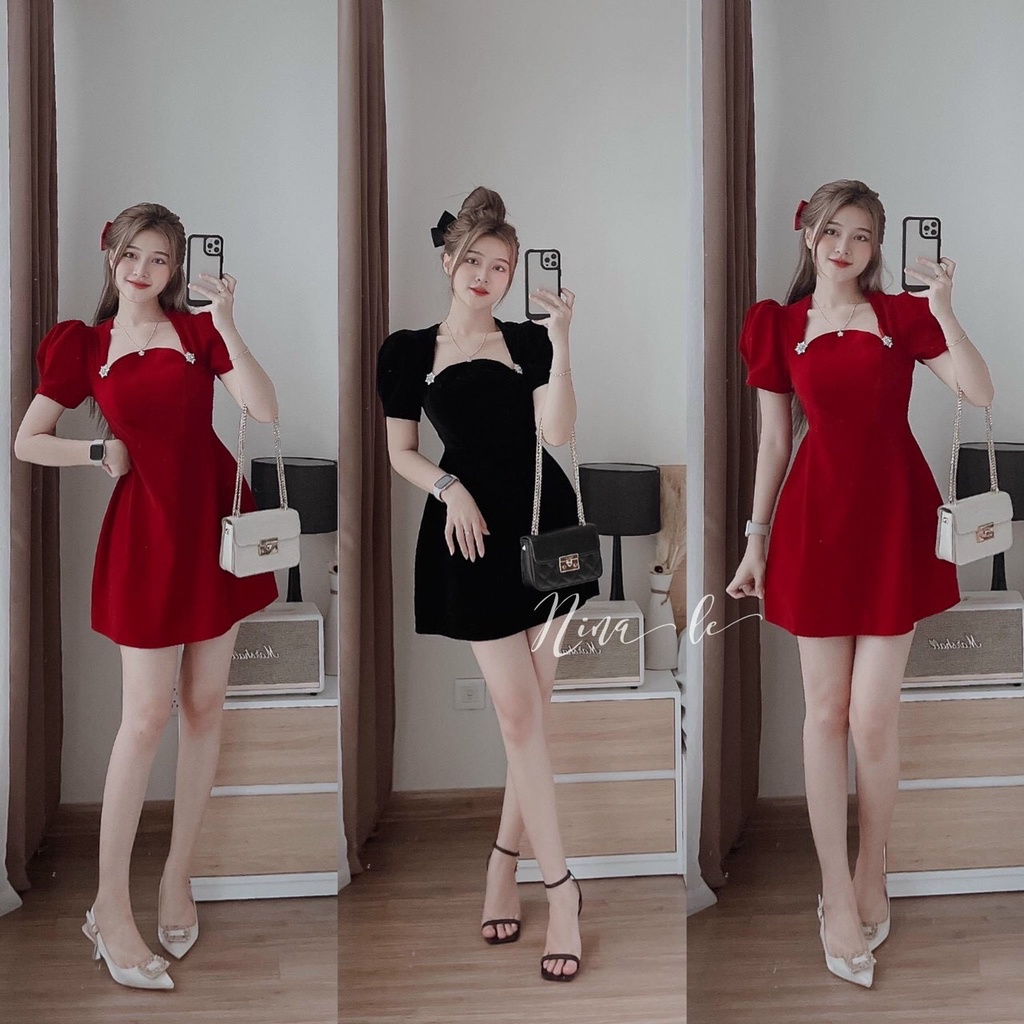 đầm nhung chữ A có mút cổ vuông ngắn tay hot