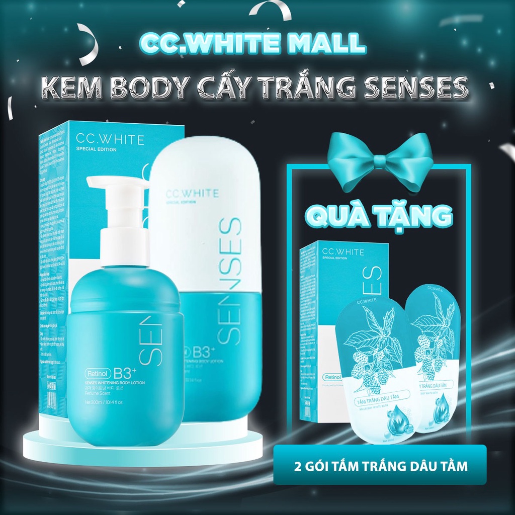 Kem body dưỡng trắng da SENSES WHITE, combo 2 kem dưỡng ẩm toàn thân mua 1 tặng 2 gói tắm trắng