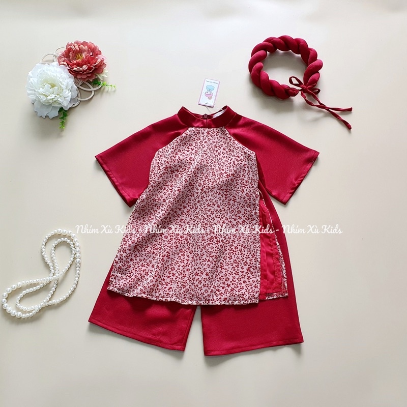 Sét Áo Dài Cách Tân Hoa Hồng Kèm Mấn Cho Bé Gái 4 Đến 30kg