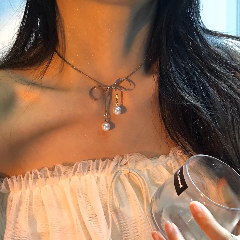 Vòng Cổ Kim Loại Dẹp Thắt Nơ Đính Châu - Vani Store - TS000685