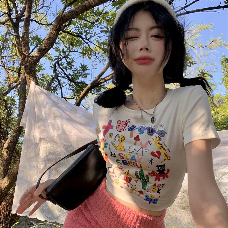 IELGYÁo Thun Tay Ngắn In Họa Tiết Hoạt Hình Phong Cách Đường Phố Cho Nữ
