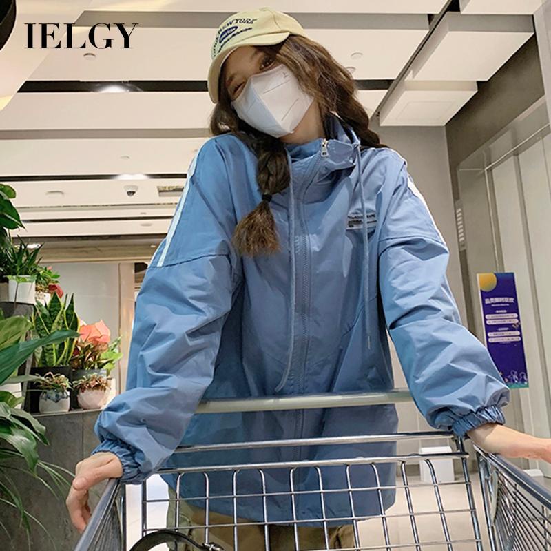 IELGY  Áo Khoác Tay Dài Có Nón Dáng Rộng Màu Sắc Tương Phản Phong Cách Hàn Quốc Cho Nữ