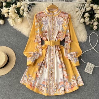 #2223 [Sẵn vàng XL] Đầm tay dài cổ chân 2 màu họa tiết kèm thắt lưng đủ size