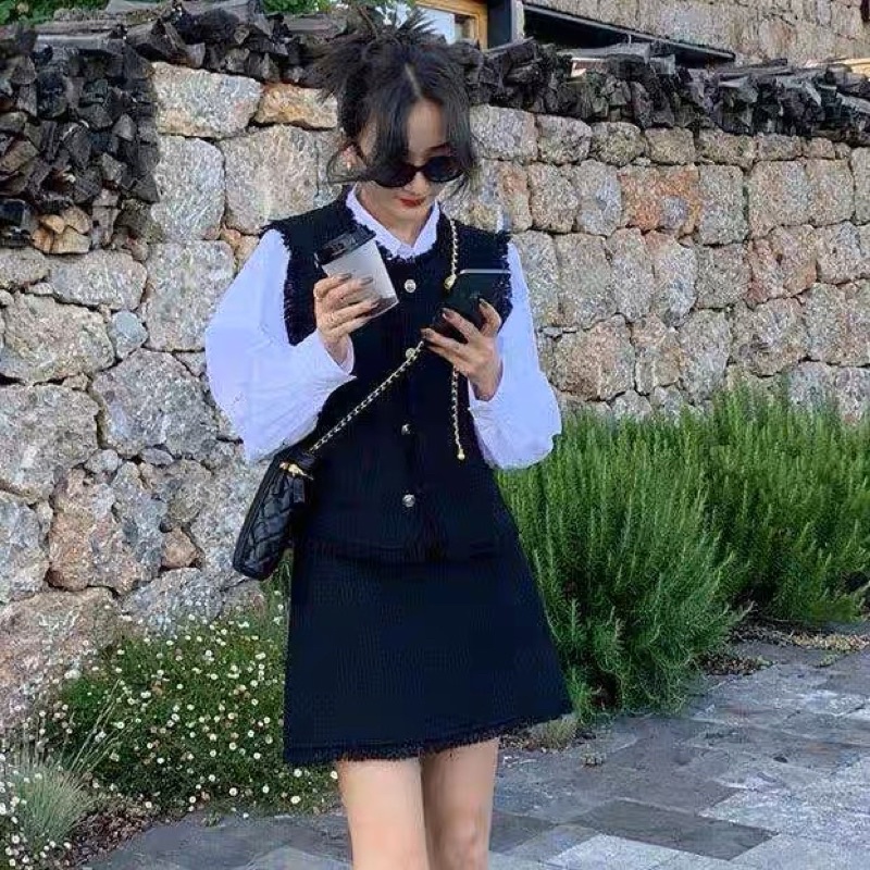 Set Dạ Tweed 3 Món Áo Sơ Mi Trắng Kèm Áo Gile Chân Váy Tweed Tua Rua  Áo Gile Dạ Tua Rua