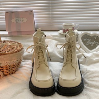 Giày boot nữ cao cổ dây buộc mũi bo viền đế cao 5cm Boot nữ cao cổ buộc dây đế cao 5cm phong cách Hàn Quốc