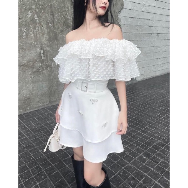 DII COLLECTION - Bộ sản phẩm thiết kế trễ vai thắt belt không kèm nơ đá