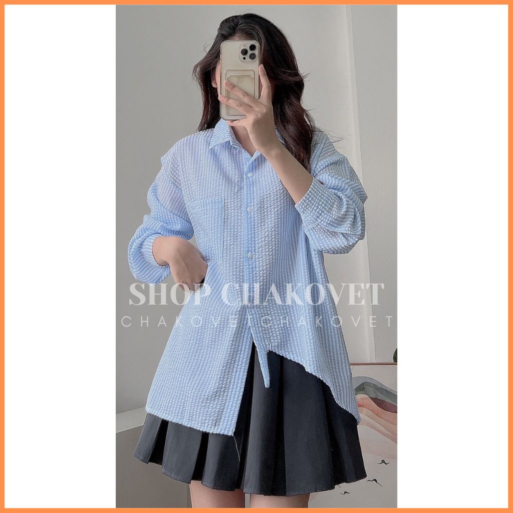 Áo Sơ Mi Kẻ Sọc Vạt Lệch Tiểu Thư A8431 Áo Đũi Xốp Xẻ Lưng Phong Cách Vintage Hàn Quốc Đi Chơi Cực Xinh Xắn Cá Tính