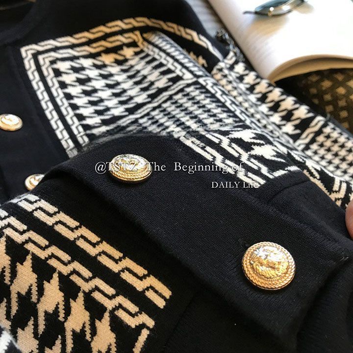 Cảm giác Retro đầy đủ!Áo Khoác Cardigan Dệt Kim Họa Tiết Houndstooth Thời Trang Mùa Thu Cho Nữ