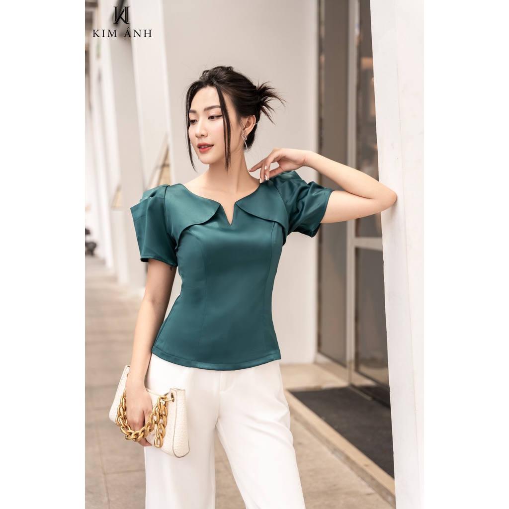 Áo Kiểu Sơ Mi Nữ Kim Ánh Tay Ngắn  Lụa Hàn Họa Tiết Trơn Phong Cách Công Sở  Nhiều Kích Thước AKSX20003