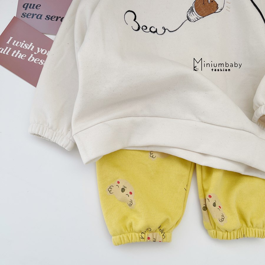 Bộ dài tay quần dài thu đông thêu bóng đèn gấu cho bé trai/ gái chất liệu nỉ, quần áo trẻ em miniumbabyfashion SB1350