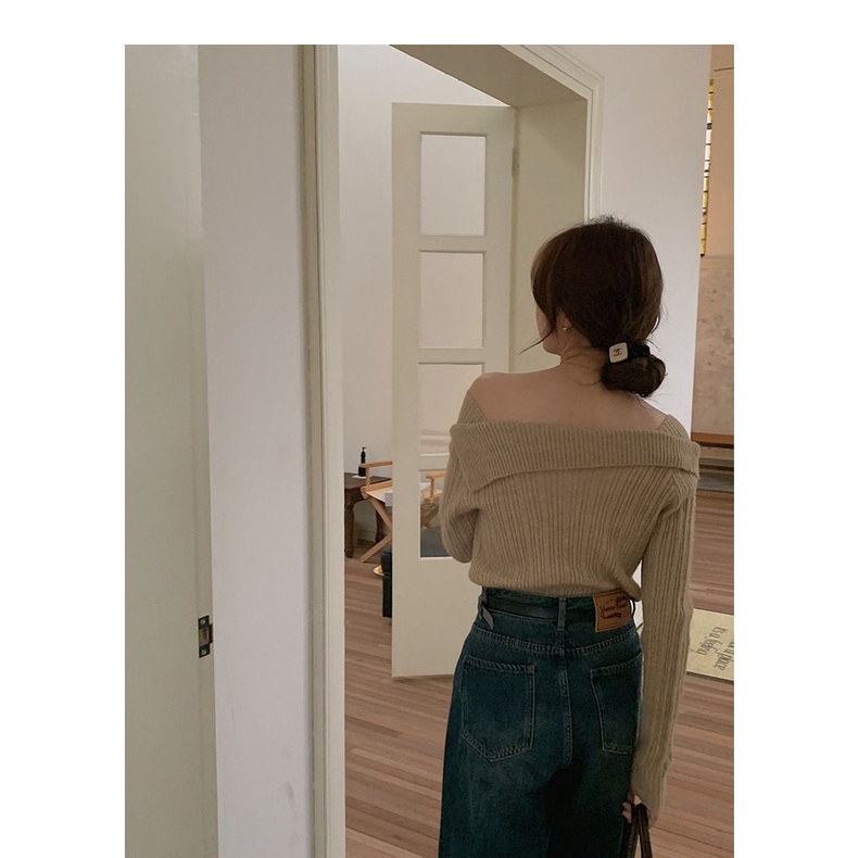 [Hàng Có Sẵn] Áo Dệt Kim Tay Dài Dáng Ôm Hở Vai Phong Cách Hàn Quốc Thời Trang Nhẹ Nhàng