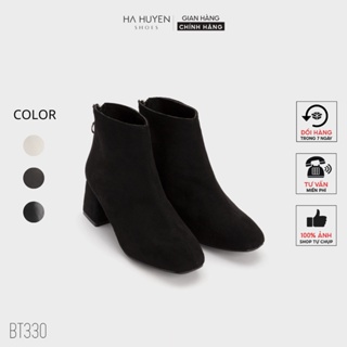 Giày boot nữ hà huyền bốt da mũi tròn gót vuông 5 phân cổ thấp khóa sau tròn mạ bạc - bt330