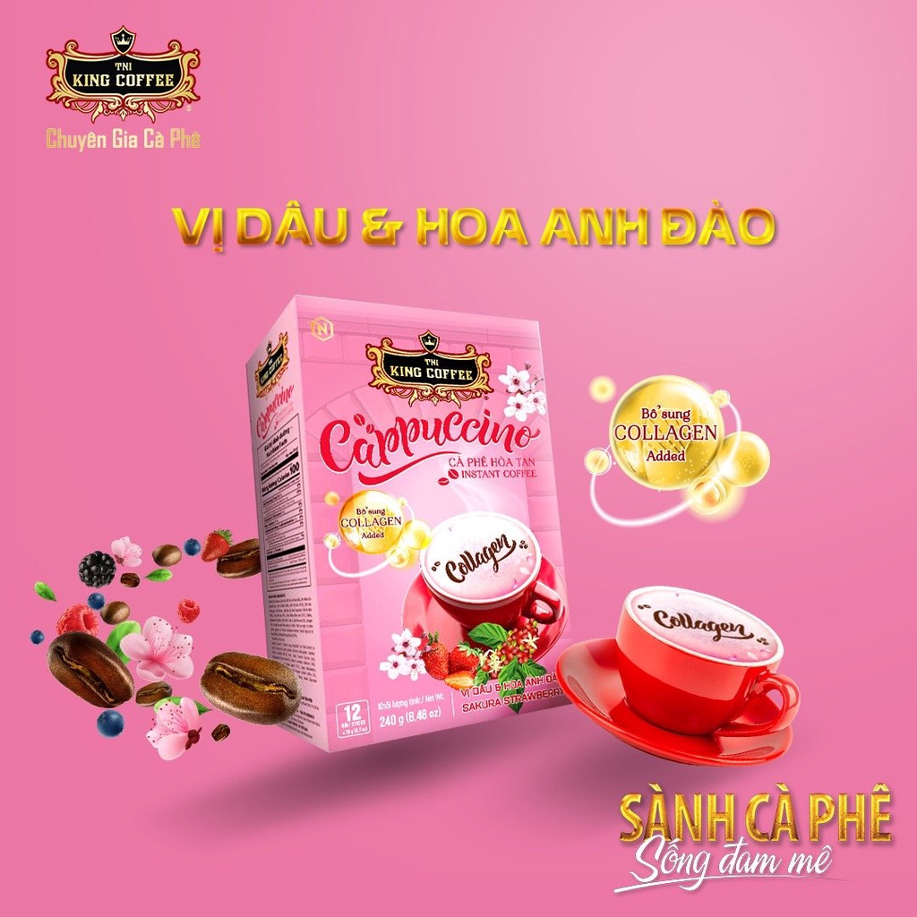 Cà Phê Hòa Tan Cappuccino Collagen Sakura Strawberry KING COFFEE-Hộp 12 gói x 20g - Hương Vị Dâu với Lớp bọt kem cực mịn
