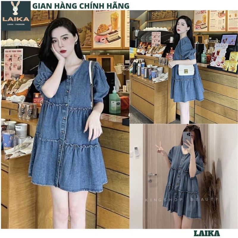Váy bò babydoll cổ v kiểu dáng hàn quốc xòe bồng siêu xinh dễ thương kute, Đầm jeans bèo dáng xuông tay khuy - LAIKA