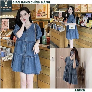 Váy bò babydoll cổ v kiểu dáng hàn quốc xòe bồng siêu xinh dễ thương kute, Đầm jeans bèo dáng xuông tay khuy - LAIKA